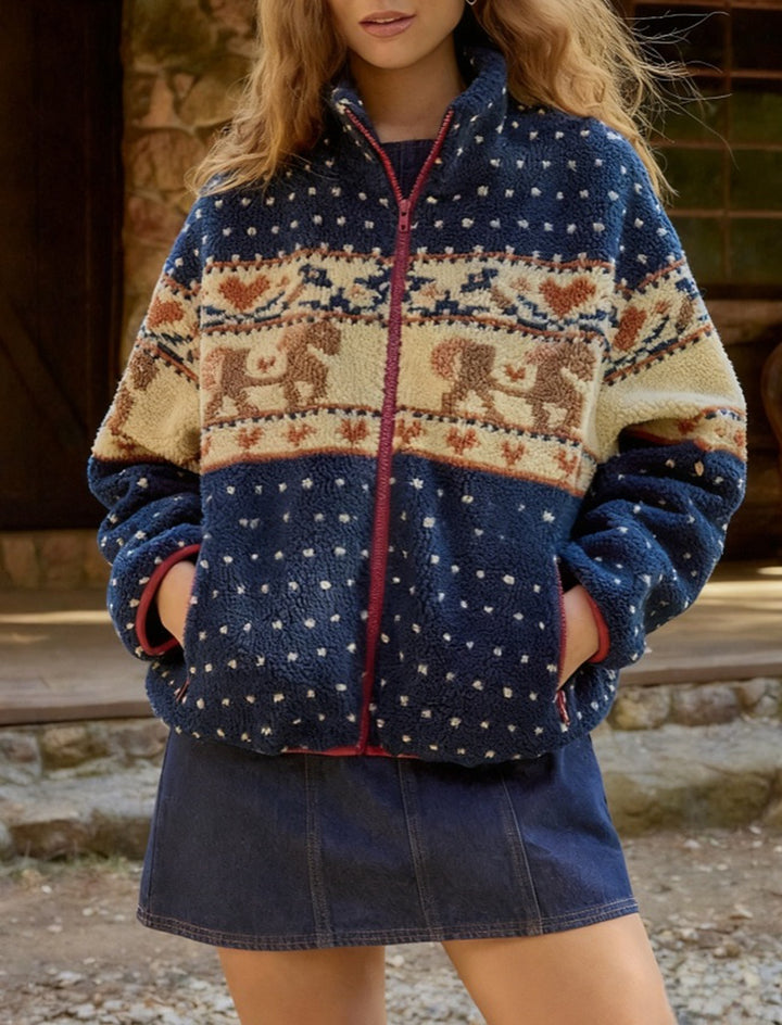 Damen Fleecejacke mit tierischem Muster und hoher Kragen Drune