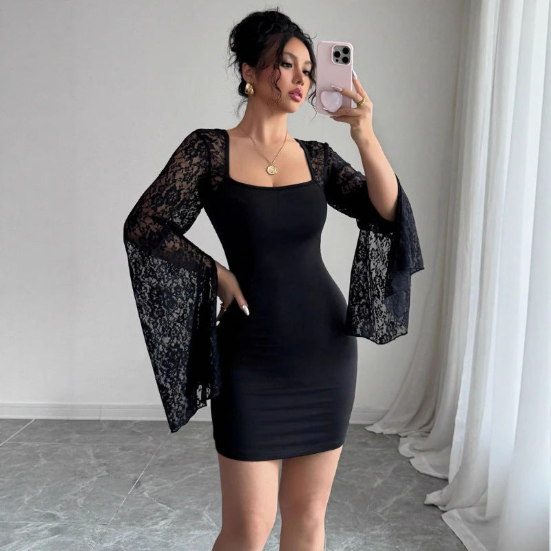 Damen Mini-Kleid mit transparenter Spitzenärmel und figurbetontem Schnitt Drune