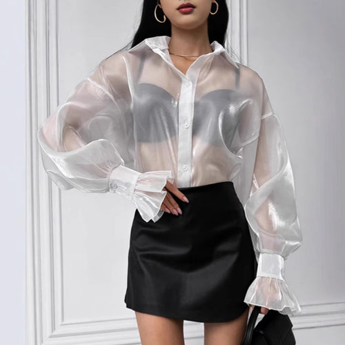 Damen Transparente Bluse mit voluminösen Ärmeln und eleganten Rüschendetails Drune