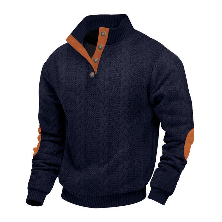 Herren nan Zopfmuster-Pullover mit Stehkragen, halber Knopfleiste und Ellbogenpatches Drune