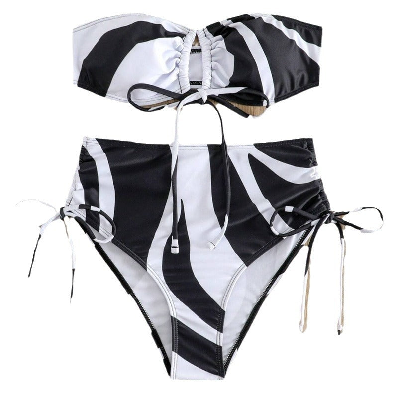 Damen Bandeau-Bikini mit verstellbaren Schnürdetails und modischem Muster Drune