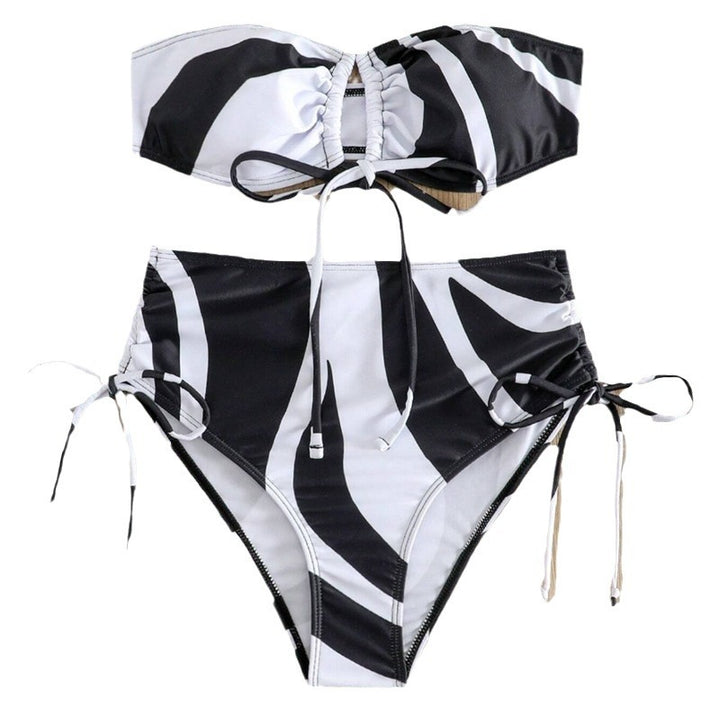 Damen Bandeau-Bikini mit verstellbaren Schnürdetails und modischem Muster Drune
