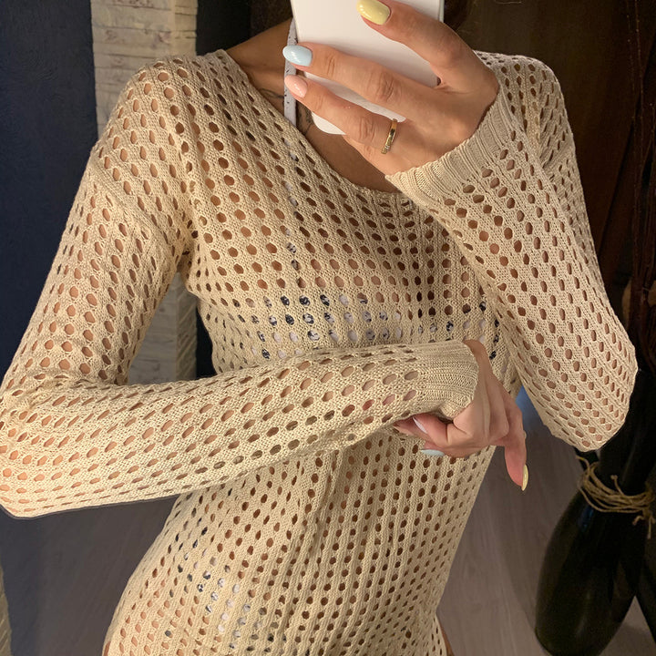 Damen gestricktes Netzkleid mit langem Arm und seitlichen Schlitzen Drune