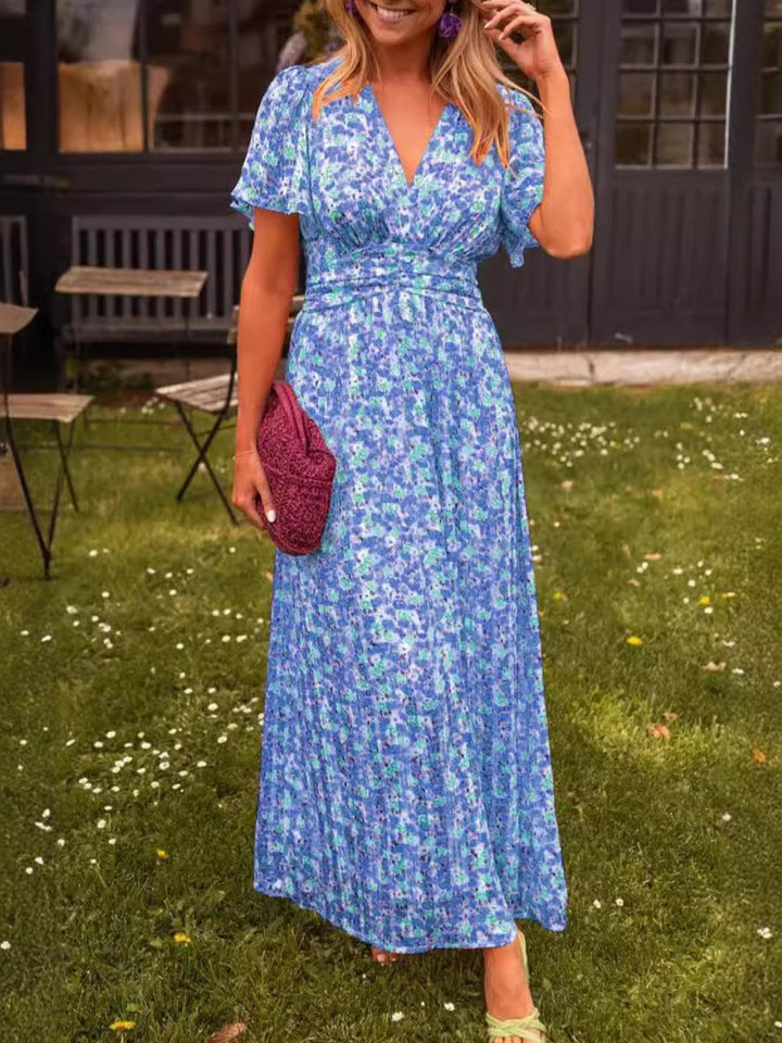 Damen Maxikleid mit floraler Raffung und V-Ausschnitt Drune