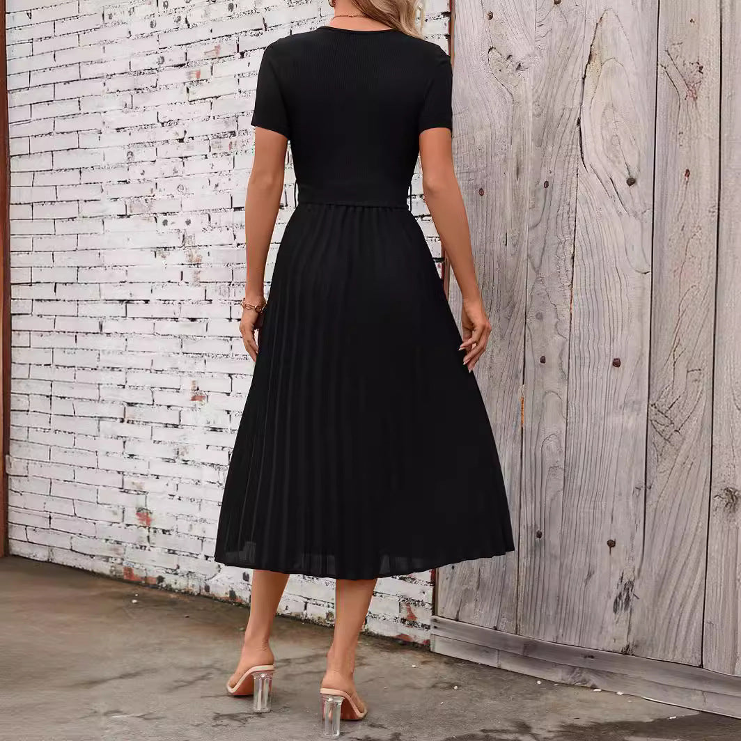 Drune | Lässiges Fließendes Kurzarm-Gürtel-Midikleid