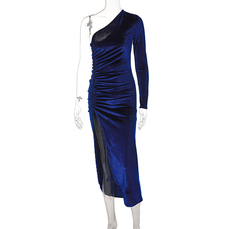Damen stilvolles Ein-Schulter-Kleid mit Raffungen und Schlitz Drune