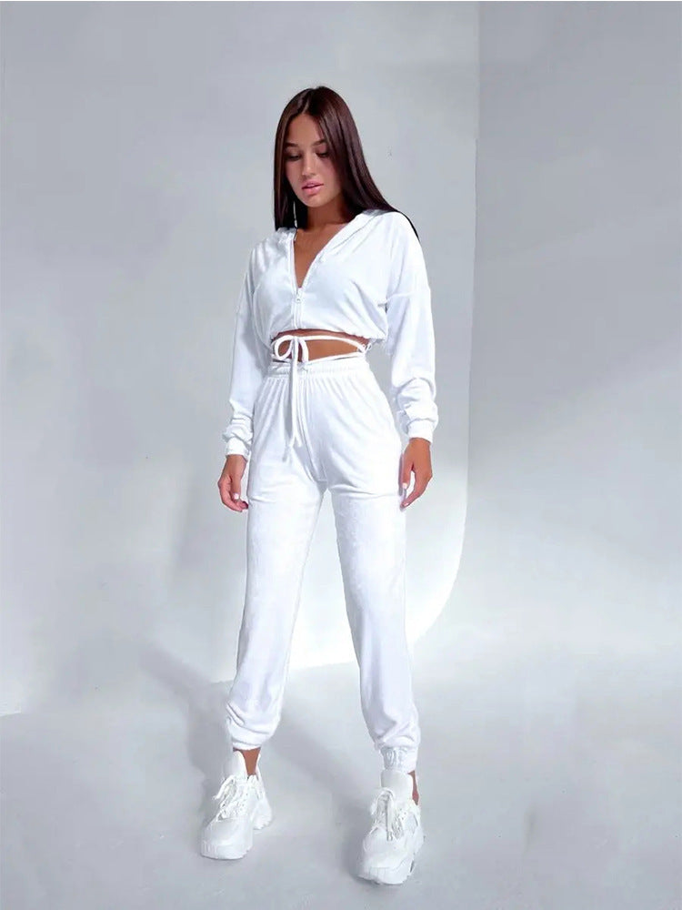 Damen modischer Samt-Jogginganzug mit cropped Hoodie Drune
