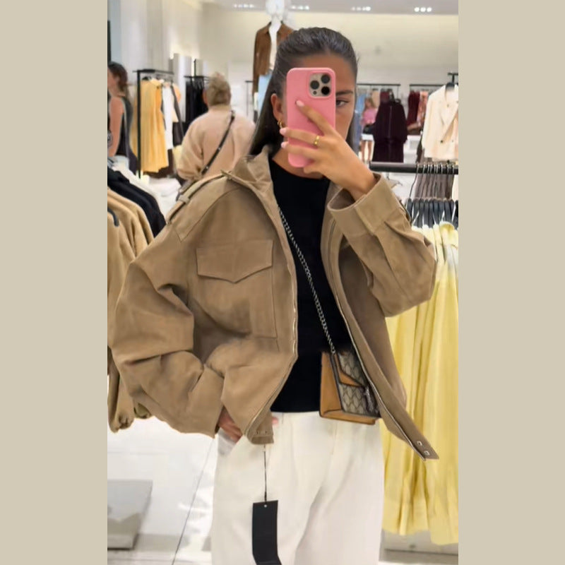 Damen Lässige Wildlederjacke mit praktischen Taschen und modernem Schnitt Drune