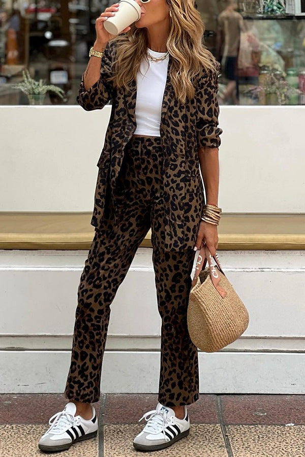 Damen Eleganter Blazer-Hosenanzug im modischen Leopardenmuster Drune