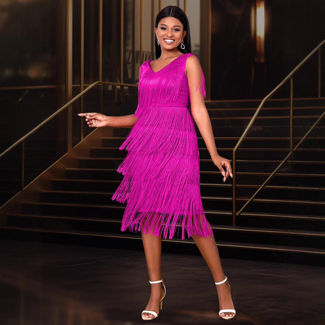Damen elegantes Fransenkleid mit V-Ausschnitt Drune
