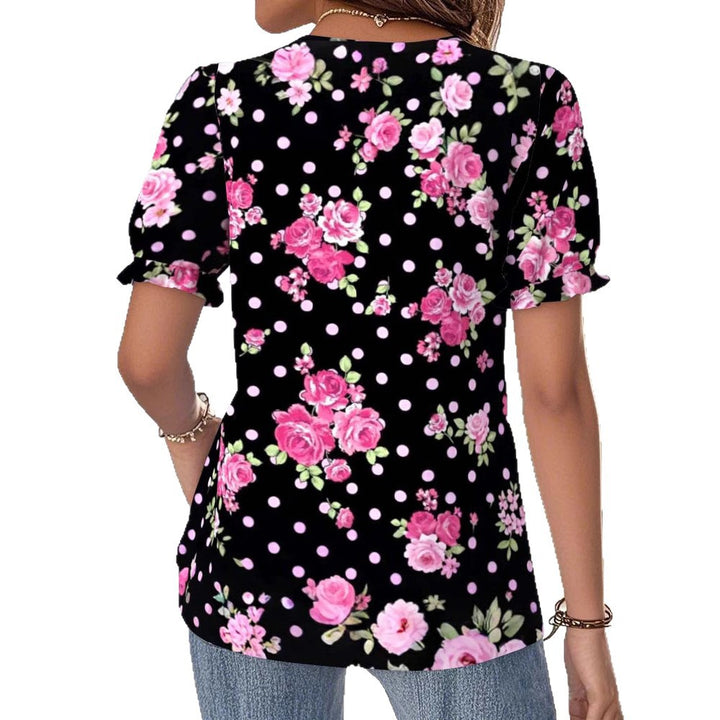 Damen nan V-Ausschnitt-Bluse mit Spitzenborte, Puffärmeln und floralem Punktmuster Drune