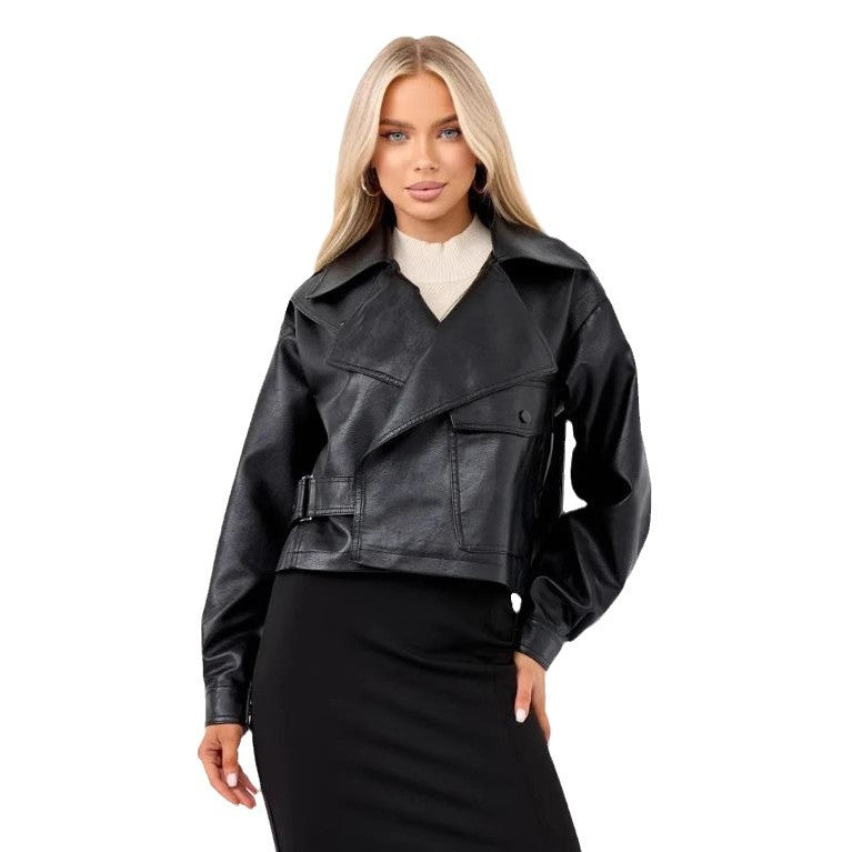 Damen Cropped Bikerjacke aus Kunstleder mit oversized Schnitt und strukturierten Details Drune