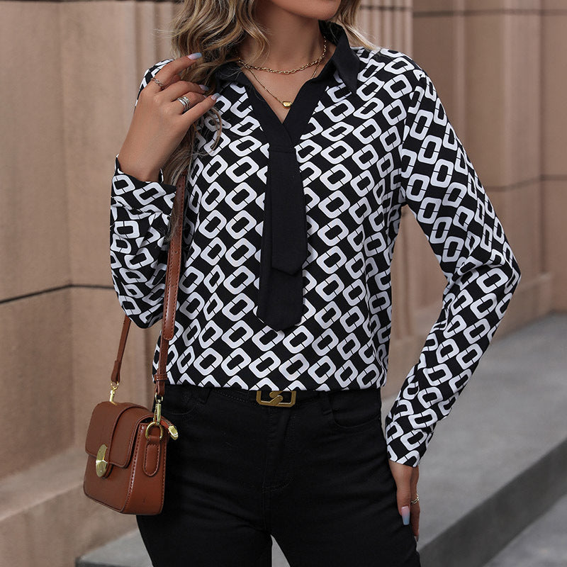 Damen Bluse mit grafischem Muster und eleganter Schleifenbindung Drune