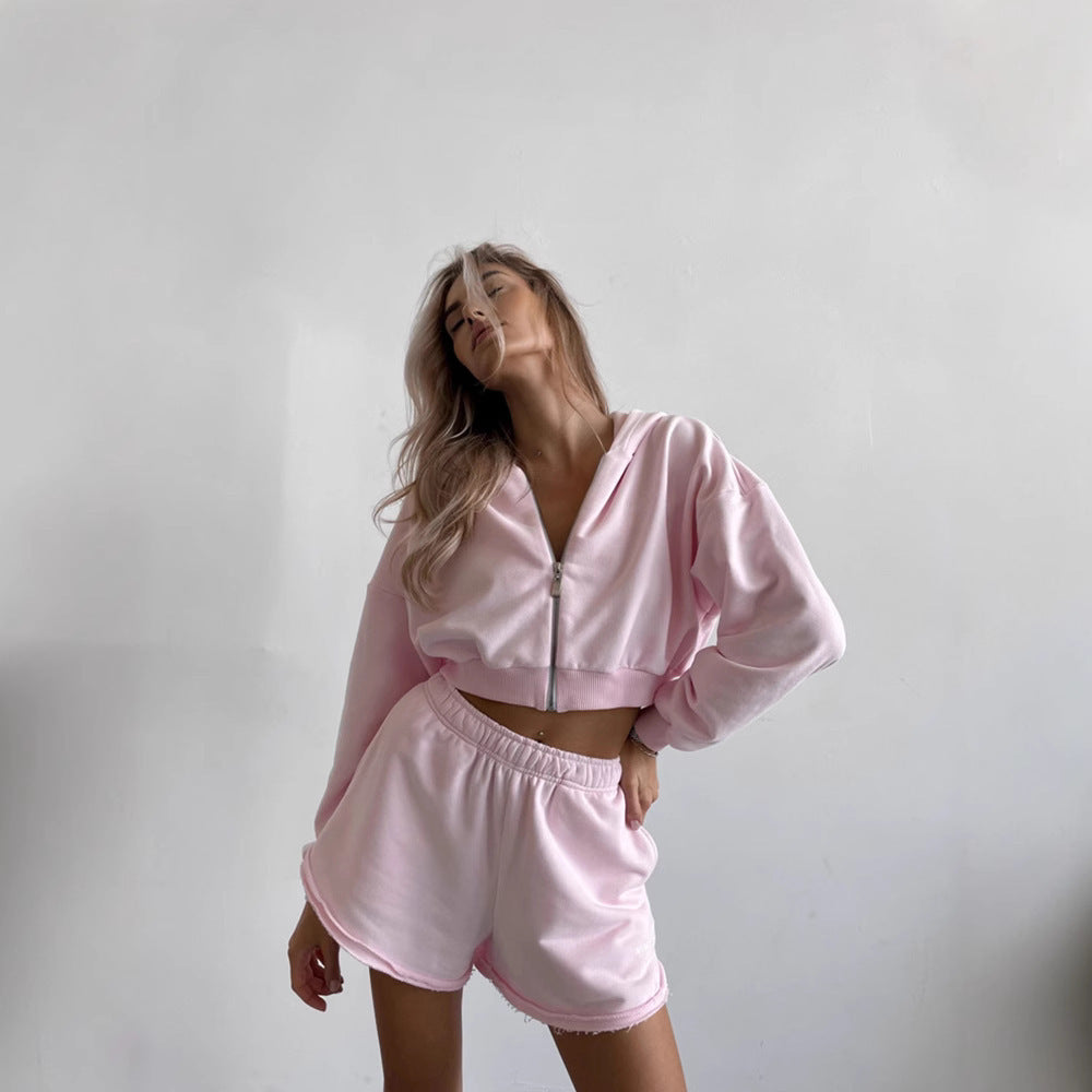 Damen Cropped Hoodie und Shorts Set Drune