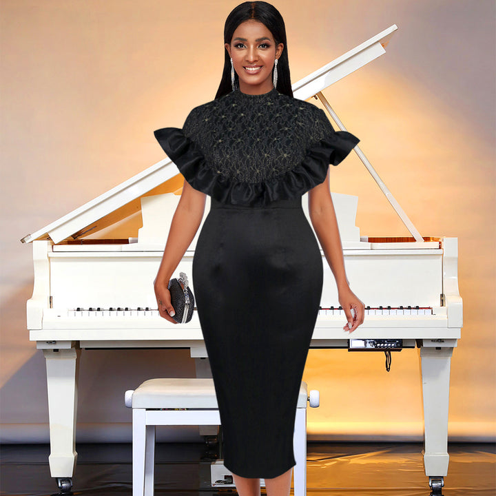 Damen Elegantes Kleid mit Spitzenoberteil und voluminösen Rüschen Drune
