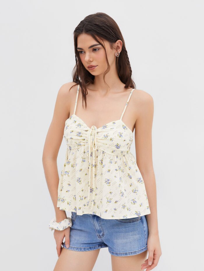 Damen blumiges Sommeroberteil mit dekorativem Kordelzug Drune