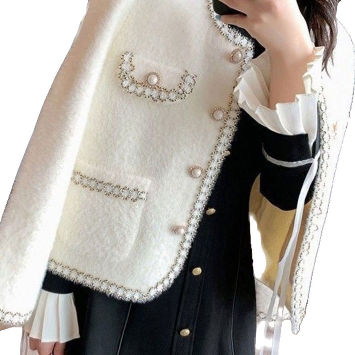 Damen elegante Bouclé-Jacke mit Perlenbesatz Drune