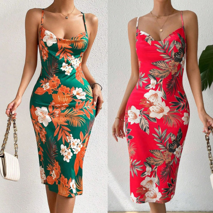 Damen Sommerliches Etuikleid mit floralem Design und Spaghetti-Trägern Drune