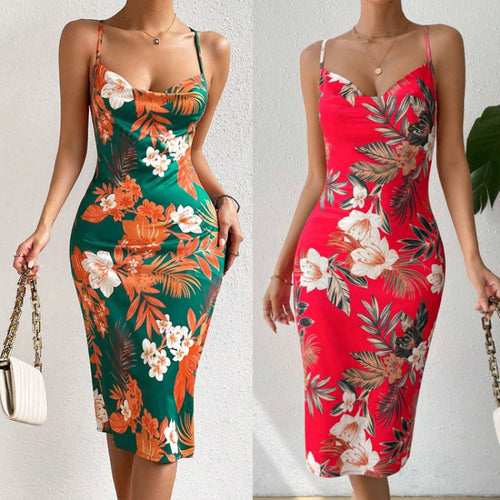 Damen Sommerliches Etuikleid mit floralem Design und Spaghetti-Trägern Drune