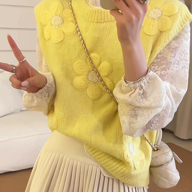 Damen Strickpullover mit floralen Applikationen und strukturierter Oberfläche Drune