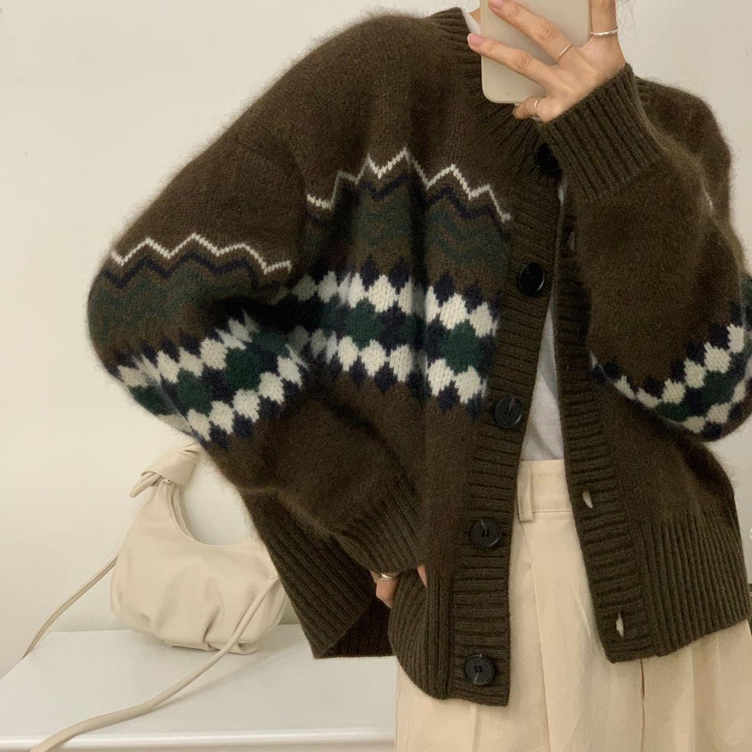 Damen modische Strickjacke mit auffälligem Jacquard-Muster Drune