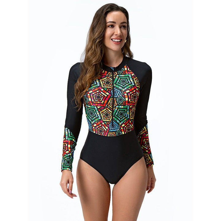 Damen Langarm-Surfanzug mit stylischem Reißverschluss und buntem Muster Drune