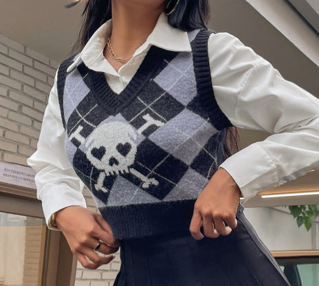 Damen Strickweste mit kreativem Totenkopf-Muster Drune