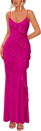 Damen Maxikleid mit Rüschen und Spaghettiträgern Drune