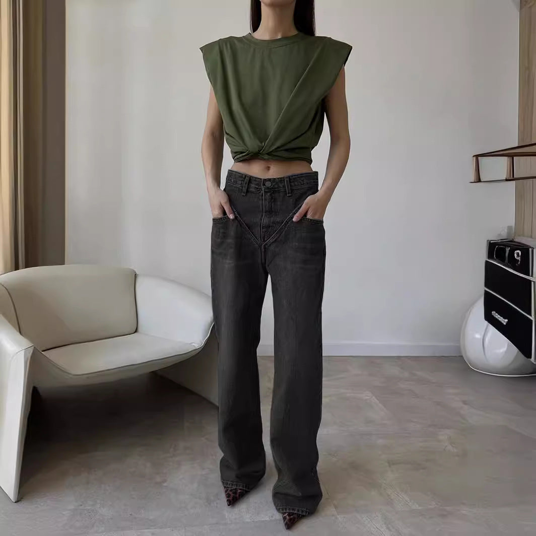 Damen nan hochgeschnittene weite Denim-Hose mit V-förmiger Bundnaht und extra-langem Bein Drune