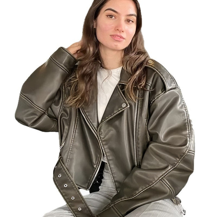 Damen modische Kunstlederjacke im Biker-Stil mit strukturiertem Design Drune