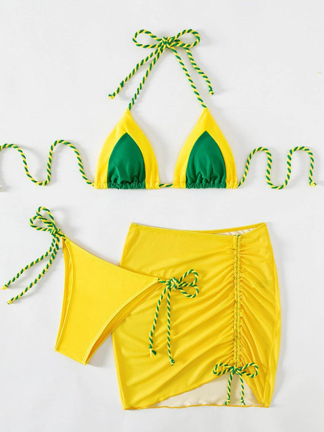 Damen Triangel-Bikini mit Wickelrock und Bänder Drune