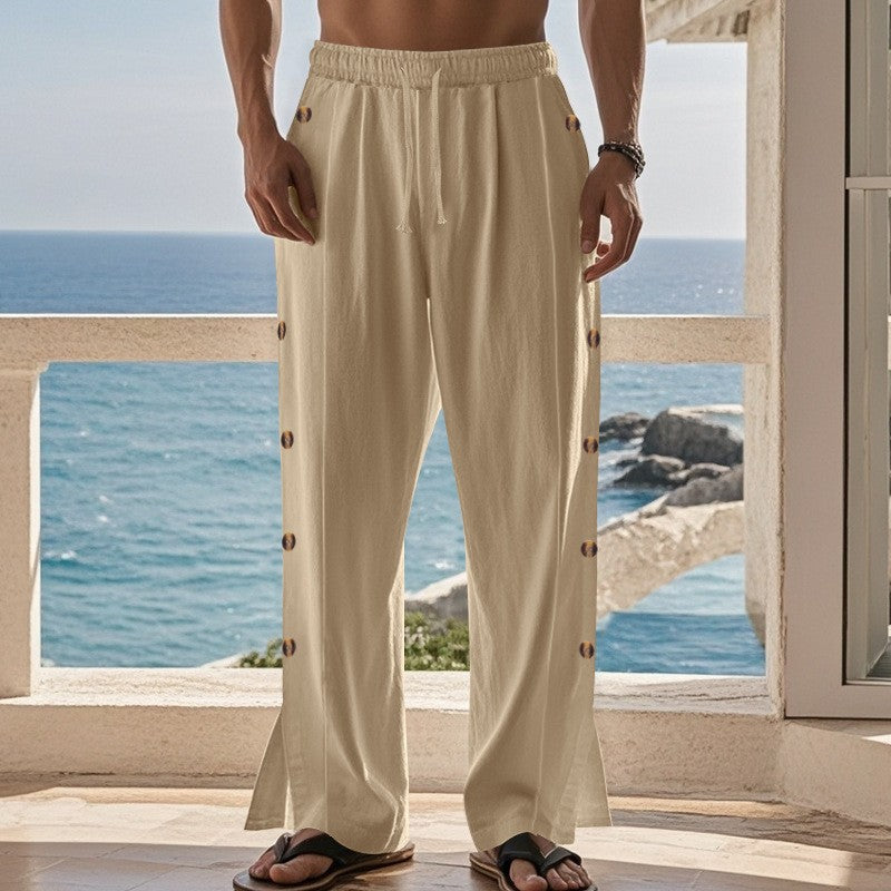 Herren nan weite Strandhose mit seitlicher Druckknopföffnung, elastischem Tunnelzug und luftigem Leinenmix Drune