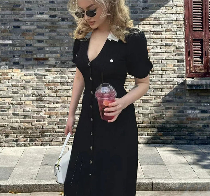 Damen Midi-Kleid mit Knopfleiste und kontrastierendem Kragen Drune