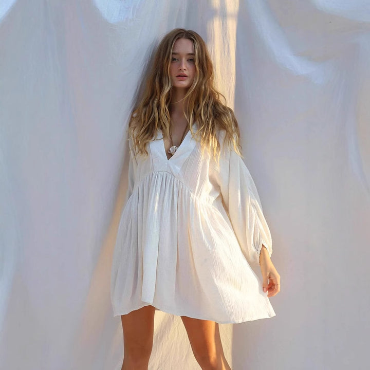 Damen luftiges Sommerkleid mit tiefem V-Ausschnitt und Rüschendetails Drune