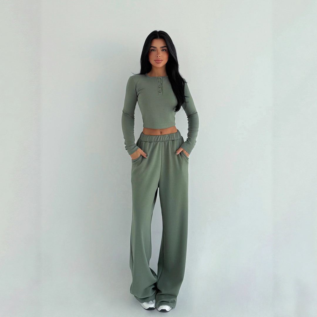 Damen cropped Oberteil und weite Hose mit Knopfdetails Drune