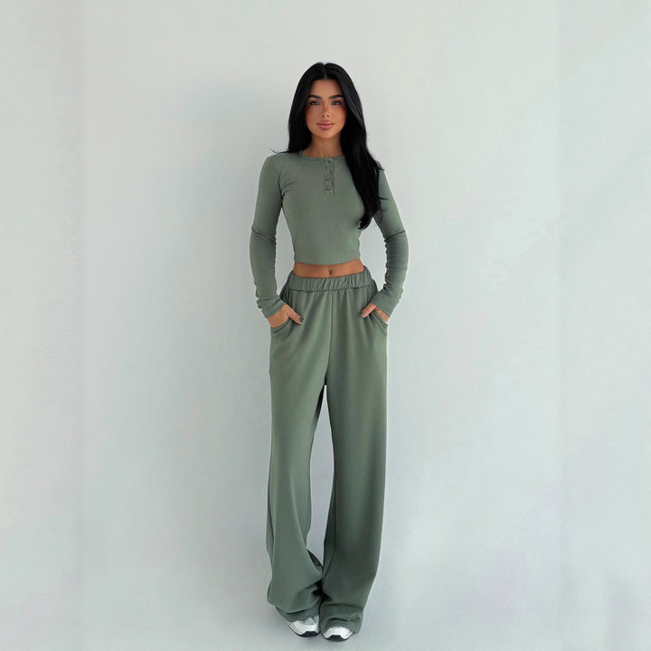 Damen cropped Oberteil und weite Hose mit Knopfdetails Drune