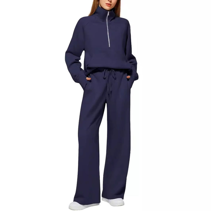 Damen nan halbzip Lounge-Set mit hohem Stehkragen, Kängurutasche und weiten Highwaist-Jogginghose Drune