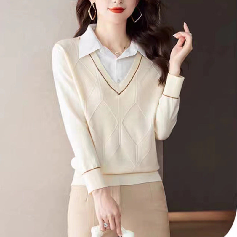 Damen gestrickter Pullover mit v-ausschnitt und strukturiertem Diamantmuster Drune