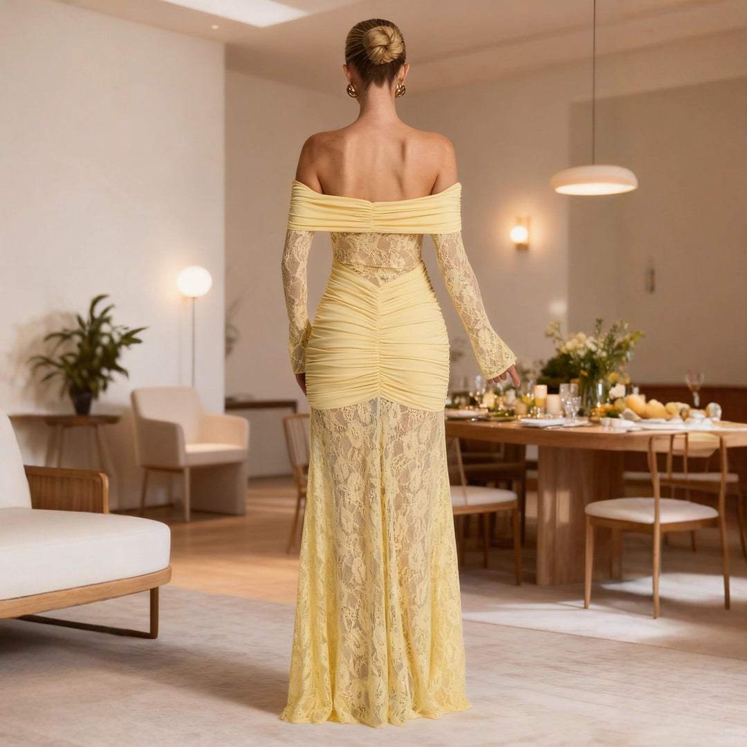 Damen Elegantes Spitzen Abendkleid mit schulterfreier Silhouette und raffinierten Rüschendetails Drune