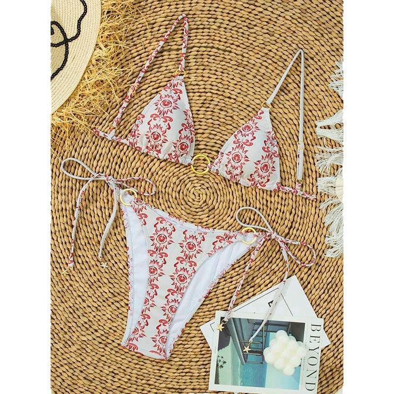 Damen Dreieck-Bikini mit dekorativem Ring und verstellbaren Bindebändern Drune
