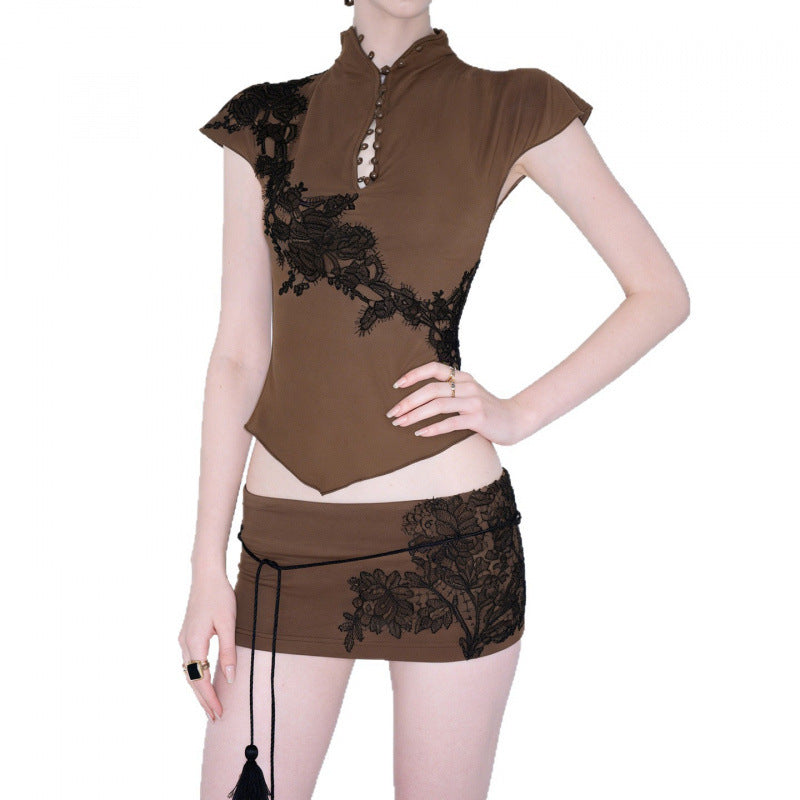 Damen Elegantes Spitzenoberteil mit modischem Kragen und raffinierten Knopfdetails Drune