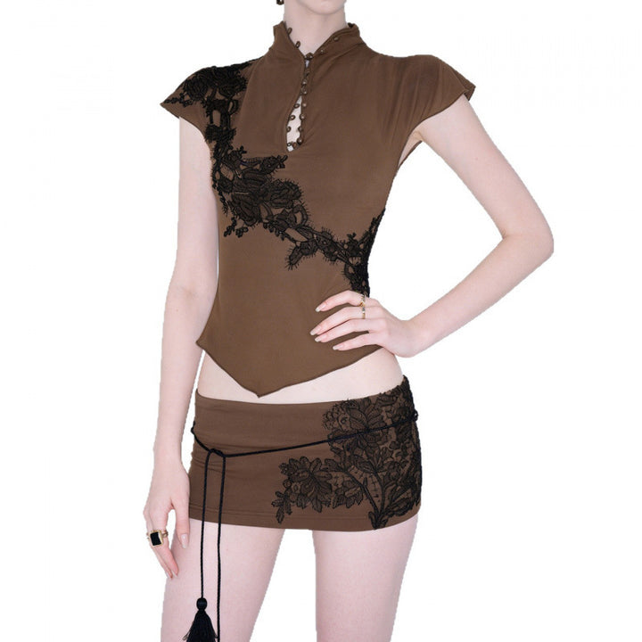Damen Elegantes Spitzenoberteil mit modischem Kragen und raffinierten Knopfdetails Drune