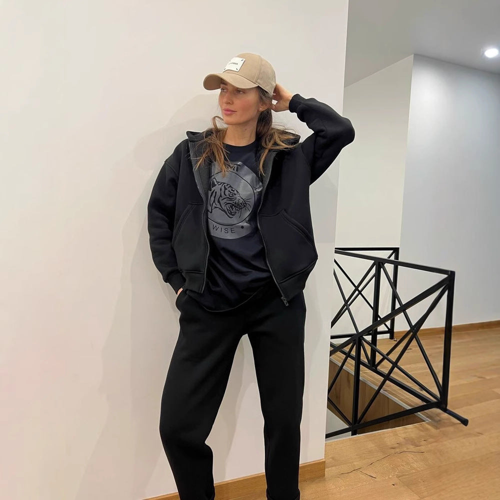 Damen lässiger Fleece-Sweatanzug mit Kapuze und bequemen Bündchen Drune