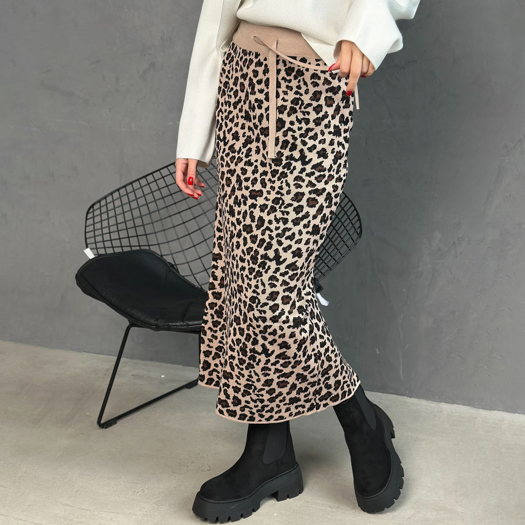 Damen Midi-Rock mit Leopard-Muster und Schlitz-Design Drune