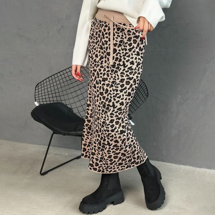 Damen Midi-Rock mit Leopard-Muster und Schlitz-Design Drune