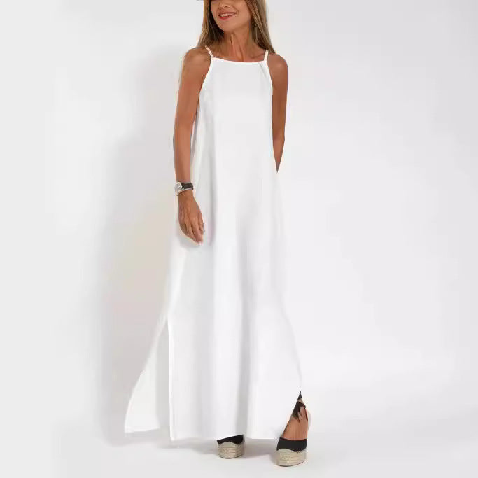 DamenMaxikleid aus leichtem Leinenstoff mit verstellbaren Spaghettiträgern Drune