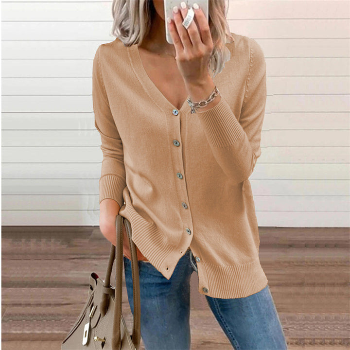 Damen Strickjacke mit modernen Knopfdetails und tiefem V-Ausschnitt Drune