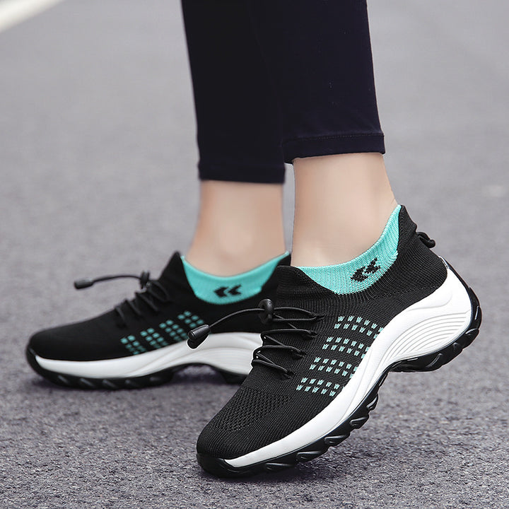Damen gestrickte Slip-On Sneaker mit Schnellzugkordel, elastischem Schaft und stoßdämpfender Plateau-Sohle Drune