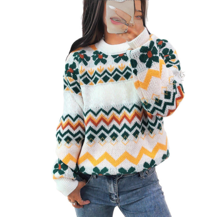 Damen Grobstrickpullover mit buntem Zickzackmuster und floralen Akzenten Drune