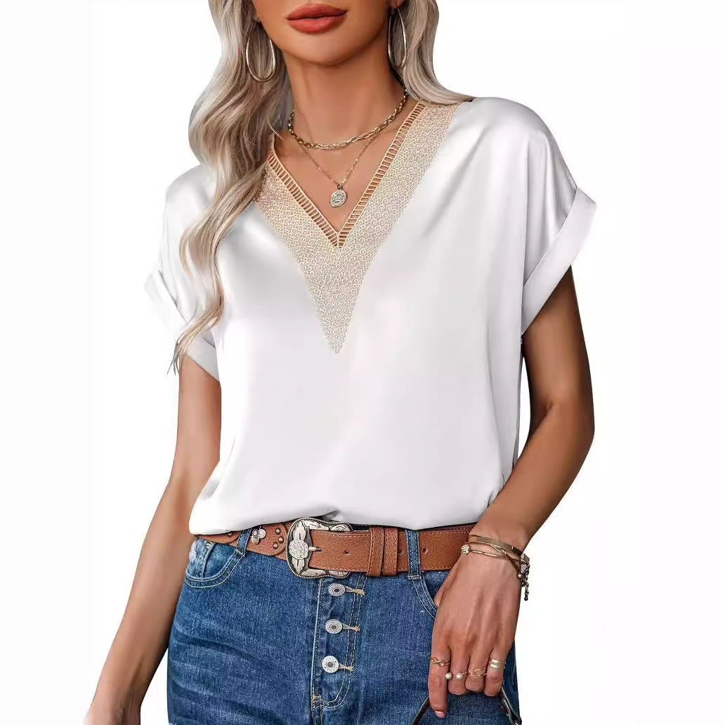 Damen Satin Bluse mit elegantem V-Ausschnitt und raffinierten Spitzenakzenten Drune